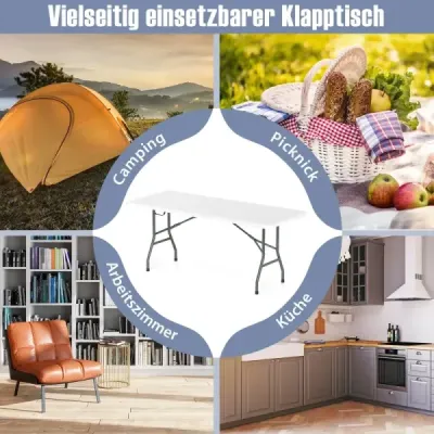 Záhradný stôl 180 x 74 cm, skladací kempingový stôl so stolovou doskou z HDPE a držadlom, biely