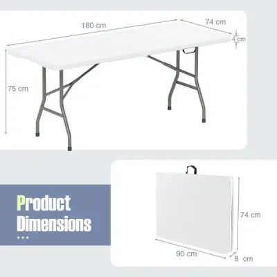 Záhradný stôl 180 x 74 cm, skladací kempingový stôl so stolovou doskou z HDPE a držadlom, biely