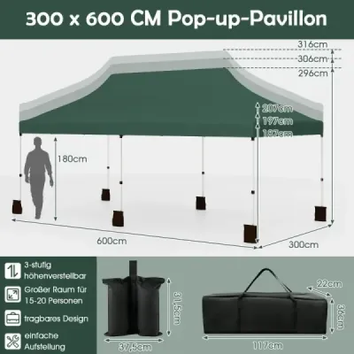 300 x 600 cm vyskakovací stan s baldachýnom skladací stan na podujatia s taškou na prenášanie zelený