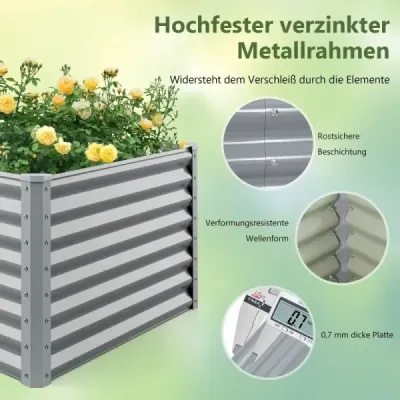 Kovový box na sadenie na záhradu 180 x 95 x 60 cm Obdĺžnikový chladiaci rám s vystuženými tyčami a otvoreným dnom Sivá