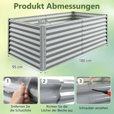 Kovový box na sadenie na záhradu 180 x 95 x 60 cm Obdĺžnikový chladiaci rám s vystuženými tyčami a otvoreným dnom Sivá