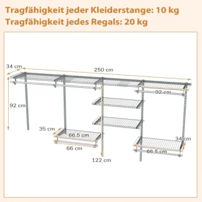 Otvorená šatníková skriňa 122 - 244 cm Rozšíriteľná nástenná šatníková skriňa DIY úložný systém Sivá