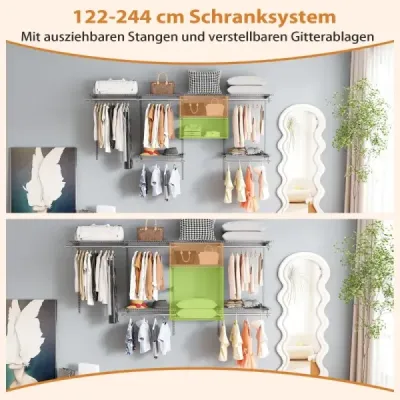 Otvorená šatníková skriňa 122 - 244 cm Rozšíriteľná nástenná šatníková skriňa DIY úložný systém Sivá
