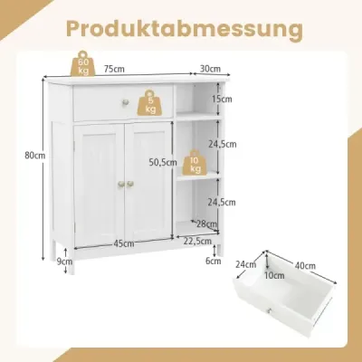 Kúpeľňová skrinka so zásuvkou a dvierkami a nastaviteľnou policou 75 x 30 x 80 cm Biela