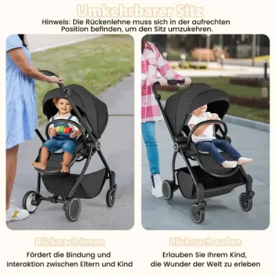 Skladací kočík s obojstranným sedadlom Cestovný kočík s nastaviteľnou opierkou chrbta Black