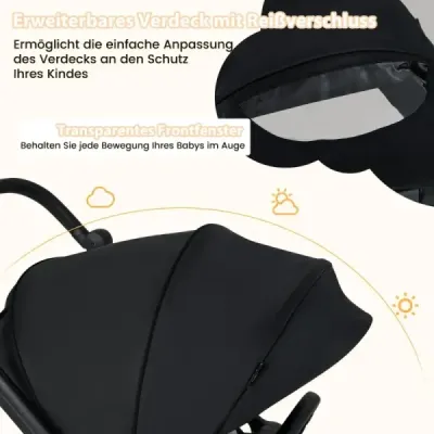 Skladací kočík s obojstranným sedadlom Cestovný kočík s nastaviteľnou opierkou chrbta Black