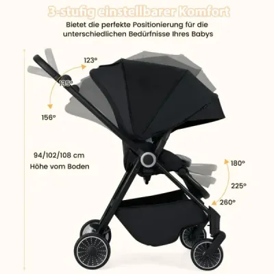 Skladací kočík s obojstranným sedadlom Cestovný kočík s nastaviteľnou opierkou chrbta Black