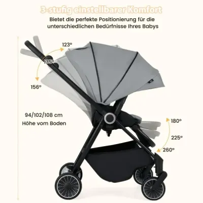 Skladací kočík s obojstranným sedadlom Cestovný kočík s nastaviteľnou opierkou chrbta Grey