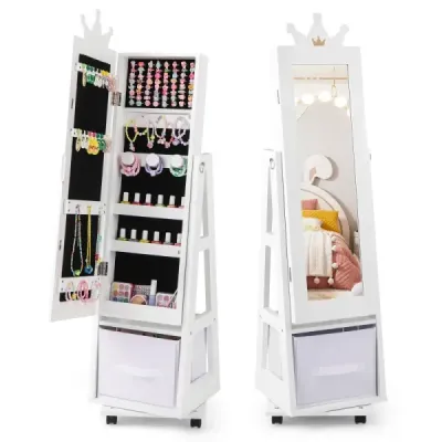 Detská šperkovnica 3 v 1 zrkadlová skrinka 360° otočný stojan na šperky so zrkadlom po celej dĺžke Biela