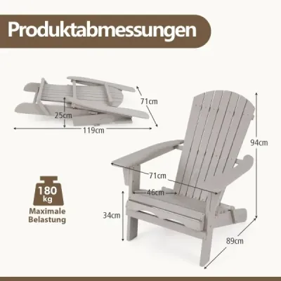 Sada 2 skladacích drevených stoličiek Adirondack s nosnosťou 180 kg Záhradné kreslo sivé