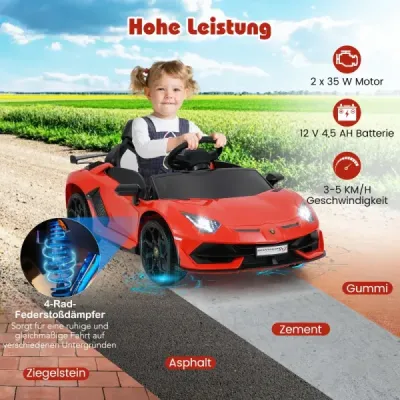 Lamborghini elektrické auto pre deti Detské vozidlo s diaľkovým ovládaním 2.4G a LED svetlometmi Elektrické vozidlo 3-5 km/h Červená farba