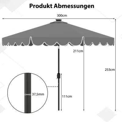 300 cm slnečník s LED osvetlením Záhradný slnečník s kľukou a záclonkou sa dá sklopiť o 35° na oboch stranách Sivá