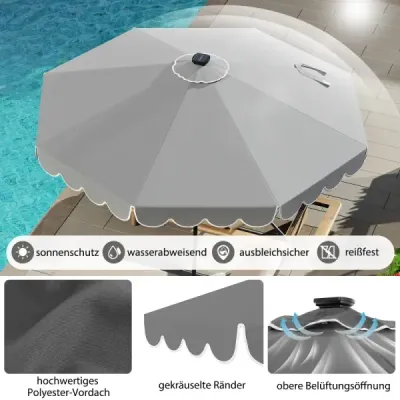 300 cm slnečník s LED osvetlením Záhradný slnečník s kľukou a záclonkou sa dá sklopiť o 35° na oboch stranách Sivá