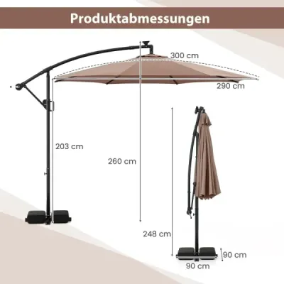 300 cm slnečník s LED osvetlením 9 režimov  s vreckami na piesok a kľukou Nastaviteľný uhol sklonu Hnedý