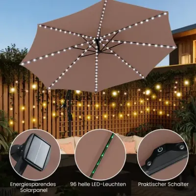 300 cm slnečník s LED osvetlením 9 režimov  s vreckami na piesok a kľukou Nastaviteľný uhol sklonu Hnedý