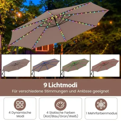 300 cm slnečník s LED osvetlením 9 režimov  s vreckami na piesok a kľukou Nastaviteľný uhol sklonu Hnedý
