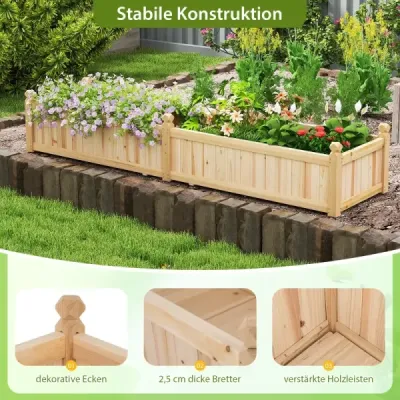 Kvetinový box vyvýšený záhon Drevený box s priečkou Odvodňovacie otvory a netkaná fólia Záhradný záhon Záhon 227 x 59,5 x 40 cm Prírodný