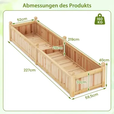 Kvetinový box vyvýšený záhon Drevený box s priečkou Odvodňovacie otvory a netkaná fólia Záhradný záhon Záhon 227 x 59,5 x 40 cm Prírodný