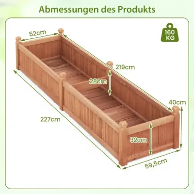 Kvetinový box vyvýšený záhon Drevený box na sadenie s priečkou Odvodňovacie otvory a fólia z rúna Záhradný záhon Záhradný záhon 227 x 59,5 x 40 cm Hnedý