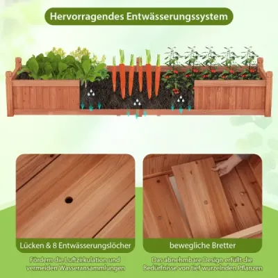 Kvetinový box vyvýšený záhon Drevený box na sadenie s priečkou Odvodňovacie otvory a fólia z rúna Záhradný záhon Záhradný záhon 227 x 59,5 x 40 cm Hnedý