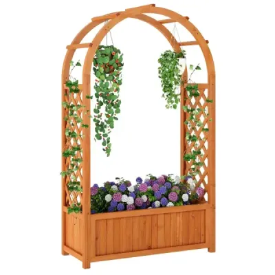Kvetinový box s mriežkou Vyvýšený záhon s mriežkou a zakrivenou strechou Oblúk na ruže s boxom na sadenie Drevo 83 x 36 x 146 cm
