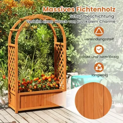 Kvetinový box s mriežkou Vyvýšený záhon s mriežkou a zakrivenou strechou Oblúk na ruže s boxom na sadenie Drevo 83 x 36 x 146 cm
