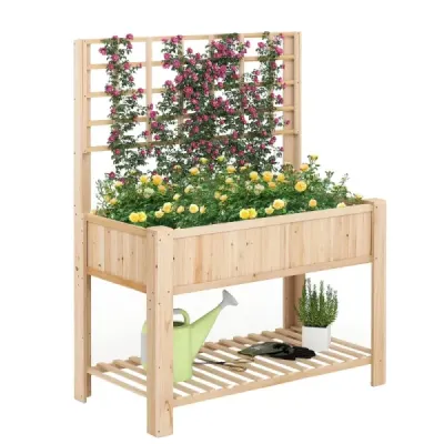 Vyvýšený záhon s mriežkou a policou Kvetinový záhon s drenážnymi otvormi Záhradný záhon Kvetináč Drevený Kvetináč 116 x 59 x 150 cm Prírodný