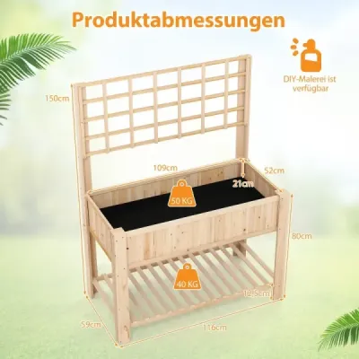 Vyvýšený záhon s mriežkou a policou Kvetinový záhon s drenážnymi otvormi Záhradný záhon Kvetináč Drevený Kvetináč 116 x 59 x 150 cm Prírodný