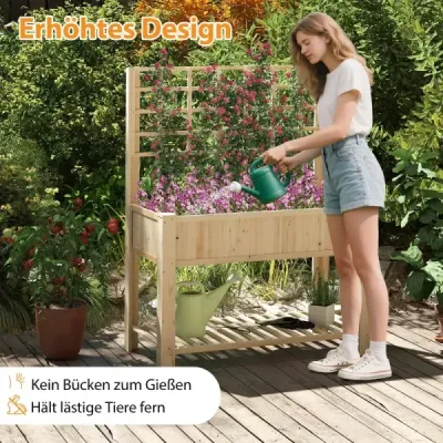 Vyvýšený záhon s mriežkou a policou Kvetinový záhon s drenážnymi otvormi Záhradný záhon Kvetináč Drevený Kvetináč 116 x 59 x 150 cm Prírodný