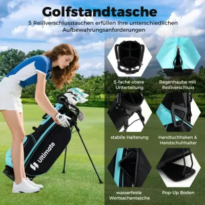 Dámsky kompletný golfový set 15-dielny golfový set pre pravú ruku s golfovým bagom a krytom proti dažďu zelený
