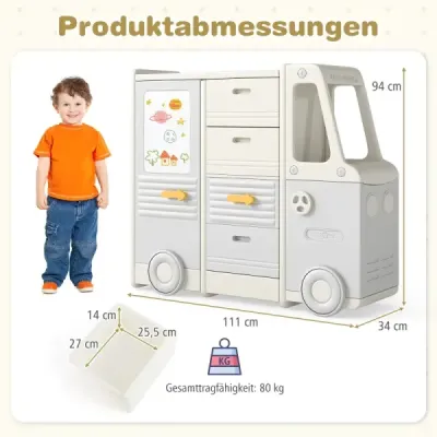Detský regál na hračky v tvare autobusu s tabuľou 4 zásuvky a skrinky 111 x 34 x 94 cm