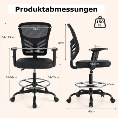 Pracovná stolička Kancelárska stolička ergonomická Výška sedadla 54-75 cm Vysoká otočná stolička so sklopnými podrúčkami Čierna Pracovná stolička Kancelárska stolička ergonomická Výška sedadla 54-75 cm Vysoká otočná stolička so sklopnými podrúčkami Čierna