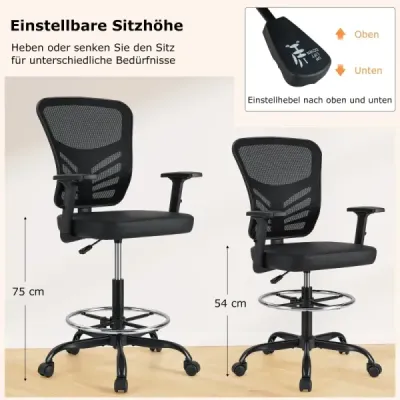 Pracovná stolička Kancelárska stolička ergonomická Výška sedadla 54-75 cm Vysoká otočná stolička so sklopnými podrúčkami Čierna Pracovná stolička Kancelárska stolička ergonomická Výška sedadla 54-75 cm Vysoká otočná stolička so sklopnými podrúčkami Čierna