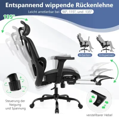 Ergonomická kancelárska stolička Počítačová stolička s výsuvnou opierkou nôh, nastaviteľnou bedrovou opierkou a podrúčkami Čierna