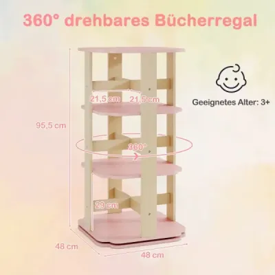 Detský regál na knihy Otočný o 360° 3-úrovňový regál na hračky s 12 priehradkami 48 x 48 x 95,5 cm Ružový