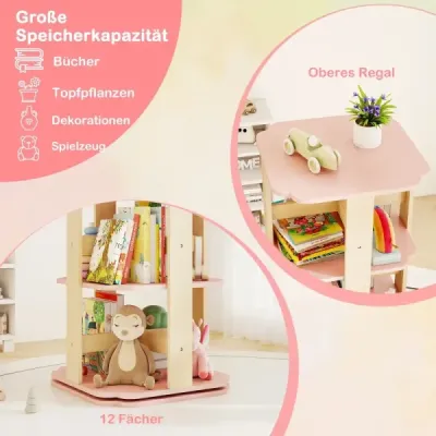 Detský regál na knihy Otočný o 360° 3-úrovňový regál na hračky s 12 priehradkami 48 x 48 x 95,5 cm Ružový