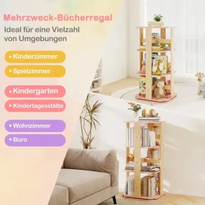 Detský regál na knihy Otočný o 360° 3-úrovňový regál na hračky s 12 priehradkami 48 x 48 x 95,5 cm Ružový