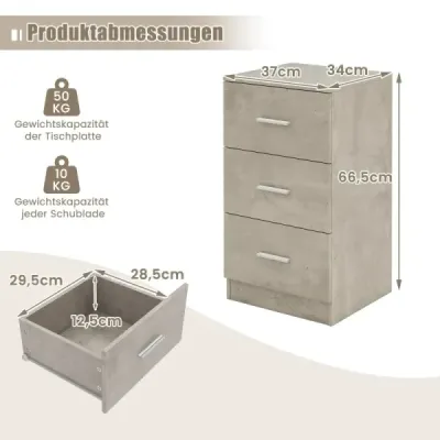Nočný stolík s 3 zásuvkami Nočná skrinka s vysokým leskom Nočná komoda na posteľ s pružinovou skrinkou 37 x 34 x 66,5 cm Cementová sivá