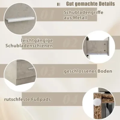 Nočný stolík s 3 zásuvkami Nočná skrinka s vysokým leskom Nočná komoda na posteľ s pružinovou skrinkou 37 x 34 x 66,5 cm Cementová sivá