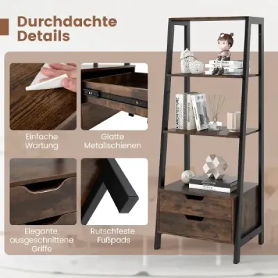 Rebríkový regál voľne stojaci 134 cm so 4 otvorenými policami a 2 zásuvkami univerzálny stojaci regál hnedý Rebríkový regál voľne stojaci 134 cm so 4 otvorenými policami a 2 zásuvkami univerzálny stojaci regál hnedý