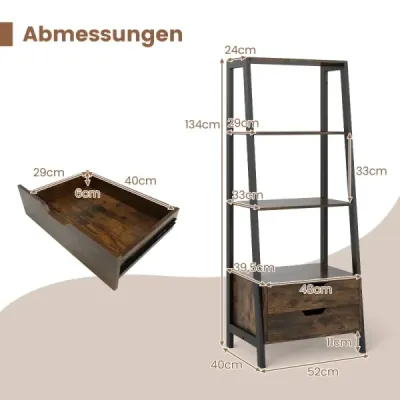 Rebríkový regál voľne stojaci 134 cm so 4 otvorenými policami a 2 zásuvkami univerzálny stojaci regál hnedý Rebríkový regál voľne stojaci 134 cm so 4 otvorenými policami a 2 zásuvkami univerzálny stojaci regál hnedý