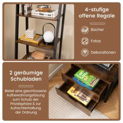 Rebríkový regál voľne stojaci 134 cm so 4 otvorenými policami a 2 zásuvkami univerzálny stojaci regál hnedý Rebríkový regál voľne stojaci 134 cm so 4 otvorenými policami a 2 zásuvkami univerzálny stojaci regál hnedý