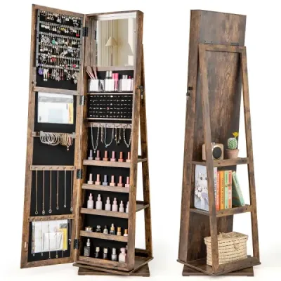 360° otočná skrinka na šperky Organizér na šperky so zrkadlom po celej dĺžke Zadné police Voľne stojaca zrkadlová skrinka Vintage hnedá