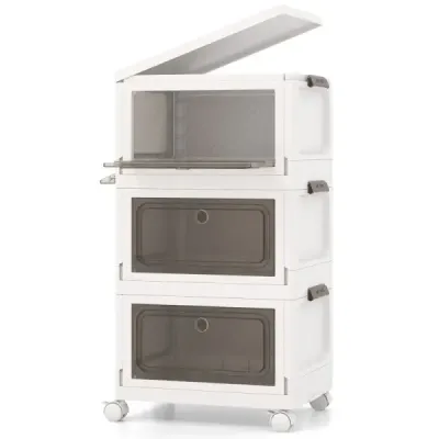 Úložný box s vekom skladacie boxy sada 3 plastových boxov stohovateľných bielych (75 l)