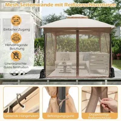 Altánok 3 x 3 m s moskytiérou a 4 vrecami s pieskom a dvojitou strechou Vodotesný záhradný altánok Khaki