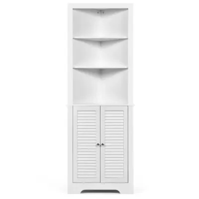 Rohová kúpeľňová skrinka s 3 otvorenými policami a 2 lamelovými dvierkami, rohová kúpeľňová skrinka, vysoká skrinka, biela