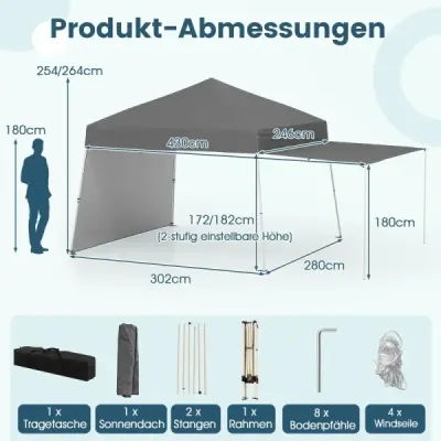 Výklopný altánok 430 x 280 cm s 2 bočnými stenami, ktorý sa dá premeniť na markízu, kempingový stan Partz, sivý