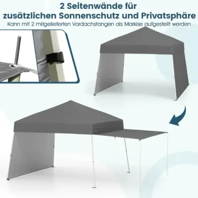 Výklopný altánok 430 x 280 cm s 2 bočnými stenami, ktorý sa dá premeniť na markízu, kempingový stan Partz, sivý