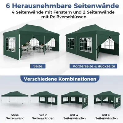 Skladací altánok 3 x 6 m so 6 odnímateľnými bočnými stenami, výškovo nastaviteľný, párty stan, zelený