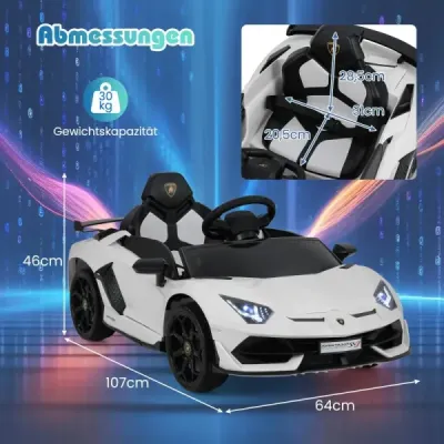 Elektrické auto Lamborghini pre deti, detské vozidlo s 2,4G diaľkovým ovládaním a LED svetlometmi, elektrické vozidlo, biele